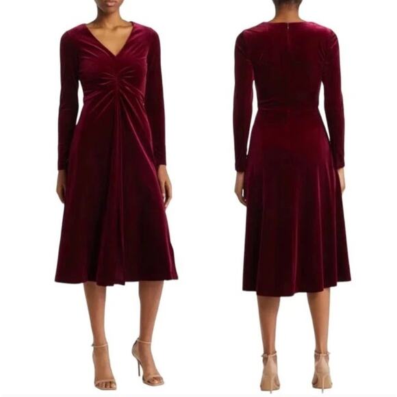 Eliza J Velvet Midi Dress Cranberry Wine Long Sleeve Holiday V-Neck Party Size 8 - Picture 1 of 16